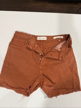 Yoko Mid Thigh Denim Forum Rust Orange Distressed Hem Women's Jean Shorts